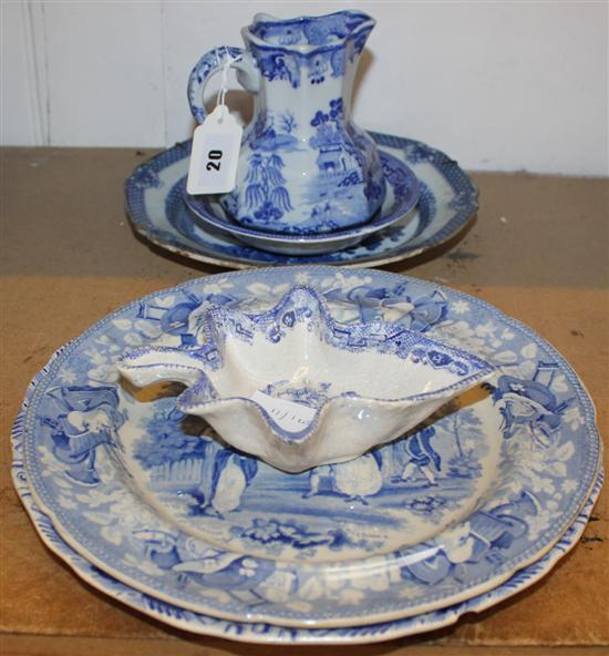 Blue & white pottery- a Masons jug and 3 plates and a pickle dish